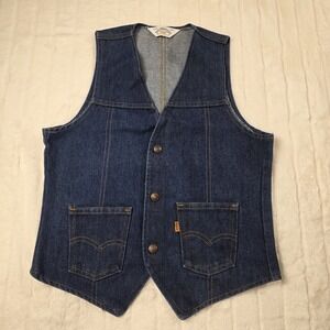 Vintage Levis Jean Vest Orange Tab Snap Button Denim 80s 90s USA Made Size Small